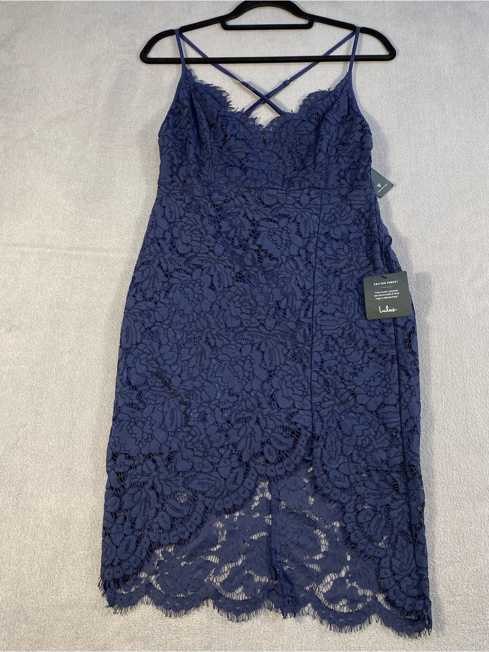 Lulu's Navy Lace Midi Dress with Crossback Straps, lined, back zipper, size M